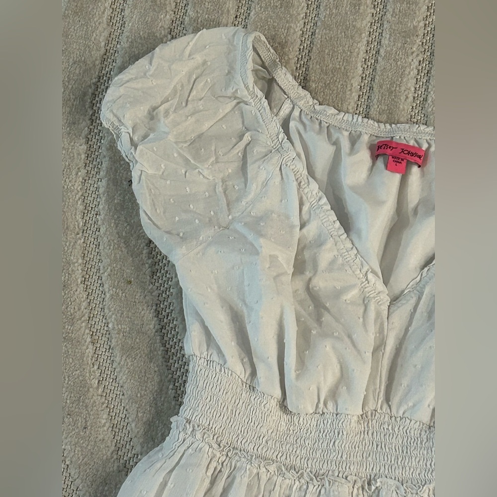 Betsey Johnson Cotton Clip Dot Smocked Puffed Sleeve Midi Dress - L - Picture 7 of 14